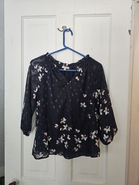 Q&A Navy Floral Semi-Sheer Blouse